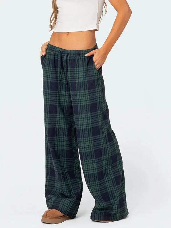 Casual Wide Leg Plaid Pajama Pants for Women - Image 4