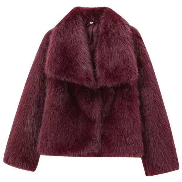 Burgundy Plush Fur Bomber Jacket for Women - Image 2