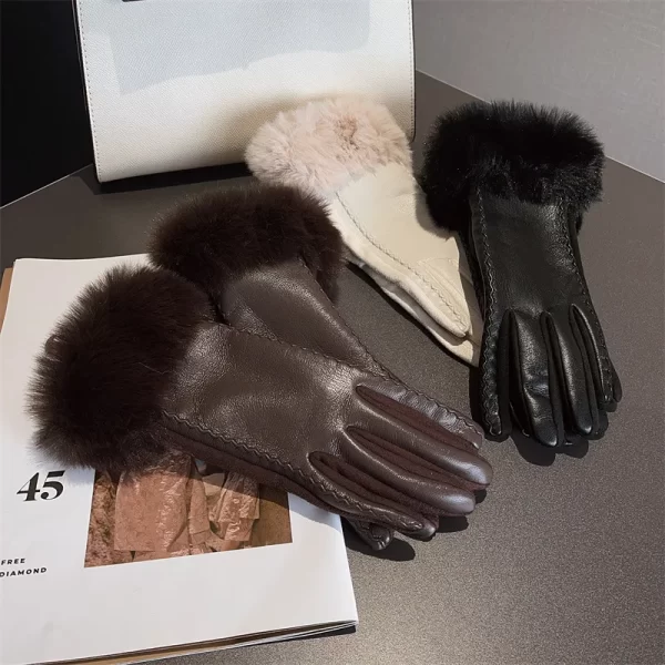 Elegant Women's Faux Fur Trim Leather Gloves - Winter Warmth and Style - Image 2