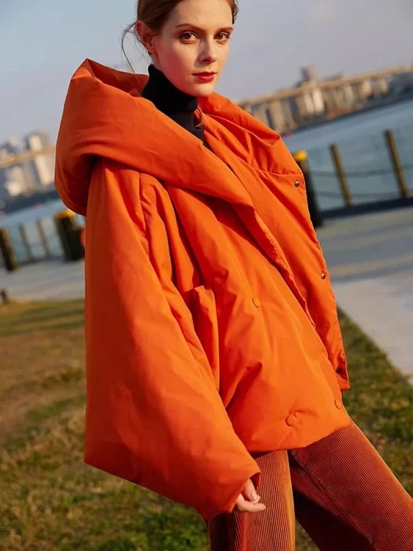 Oversized Hooded Down Jacket for Women - Fluffy Orange Red Parka