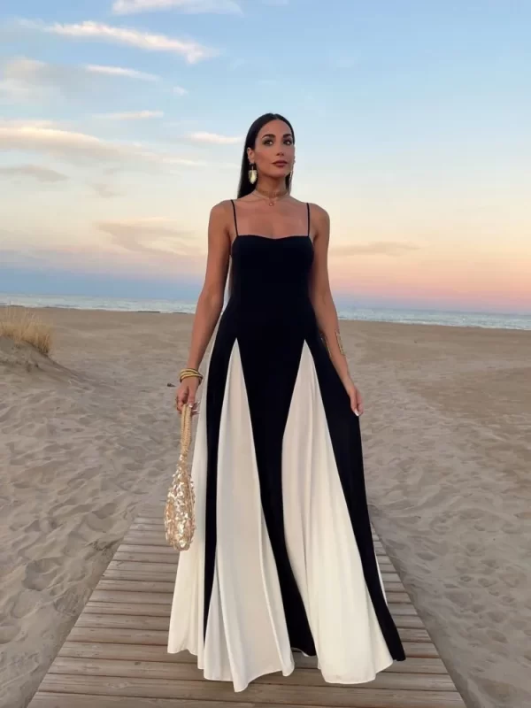 Chic Black and White Backless Maxi Dress