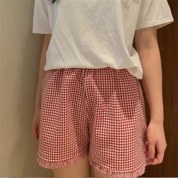 Cute Ruffle Lounge Shorts for Women - Plaid Gingham Print Pajama Bottoms - Image 2