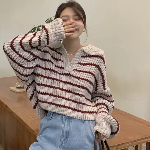 Vintage Striped Cropped Sweater for Women - Korean Preppy Knit Jumper - Image 3