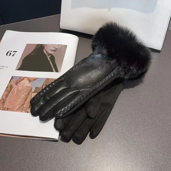 Elegant Women's Faux Fur Trim Leather Gloves - Winter Warmth and Style - Image 4