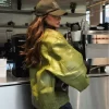 Chic Green Leather Sleeve Crop Jacket for Women