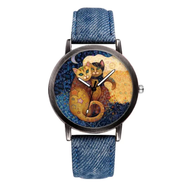 Charming Cat-Themed Quartz Watch with Denim Strap for Women - Image 3