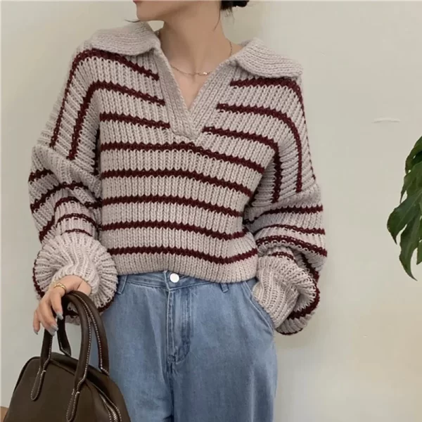 Vintage Striped Cropped Sweater for Women - Korean Preppy Knit Jumper - Image 2