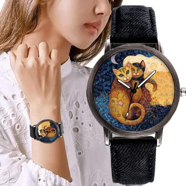 Charming Cat-Themed Quartz Watch with Denim Strap for Women