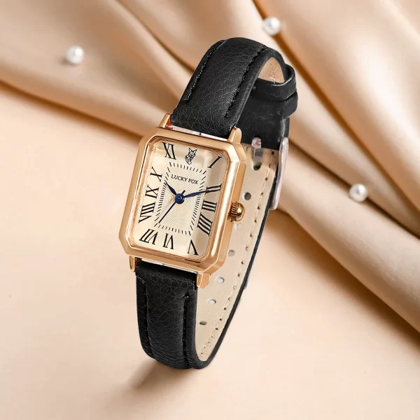 Fashionable Retro Square Dial Quartz Wristwatch with Leather Strap for Women - Image 3