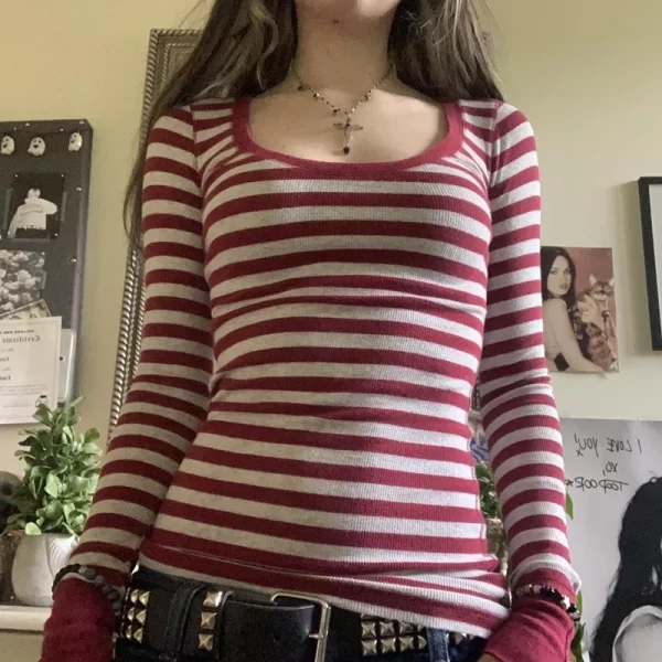 Vintage Striped Long Sleeve E-girl Pullover Tee - Image 2