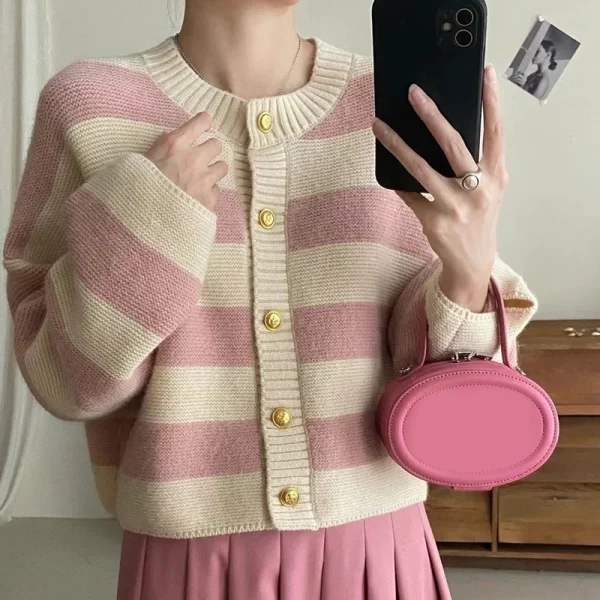 Korean Style Striped Knitted Cardigan for Women - Button Up Loose Fit Sweater - Image 7