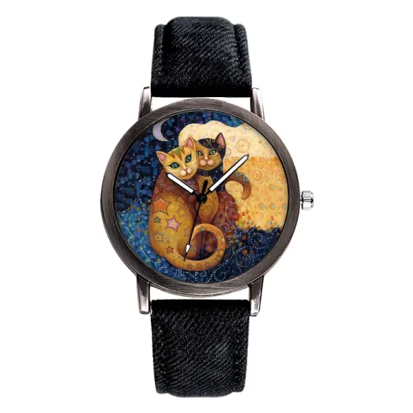 Charming Cat-Themed Quartz Watch with Denim Strap for Women - Image 2