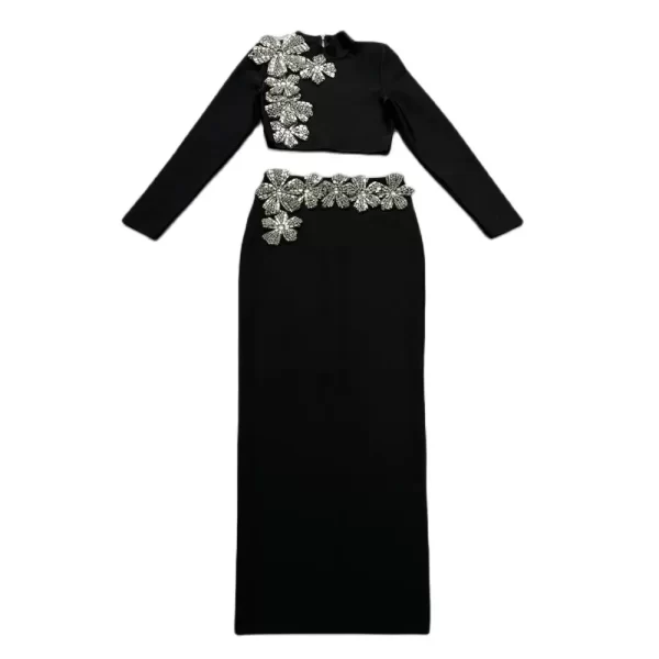 Elegant Women's Two-Piece Diamond Decor Set - Long Sleeve Top and Floor-Length Skirt - Image 6