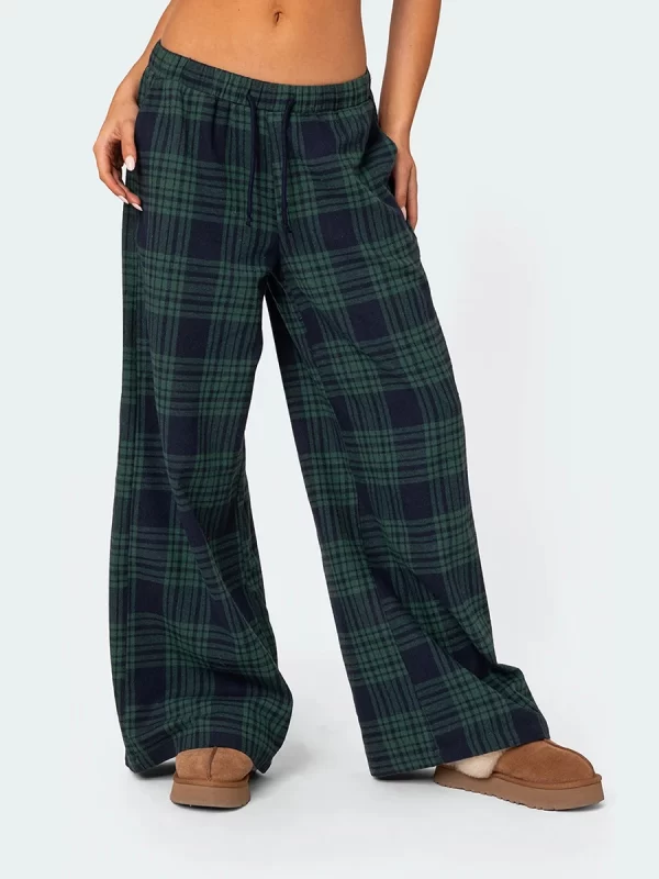 Casual Wide Leg Plaid Pajama Pants for Women - Image 2