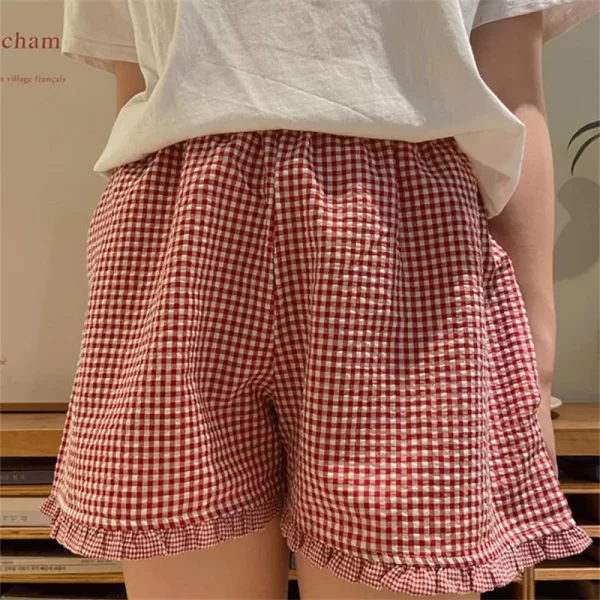 Cute Ruffle Lounge Shorts for Women - Plaid Gingham Print Pajama Bottoms