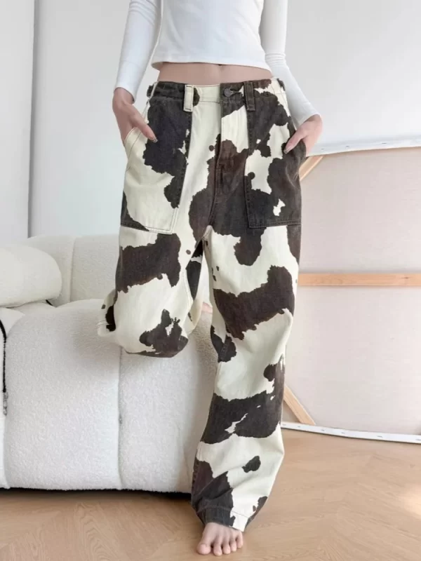 Trendy Cow Print Baggy Jeans for Women - Casual Wide Leg Cotton Pants - Image 4