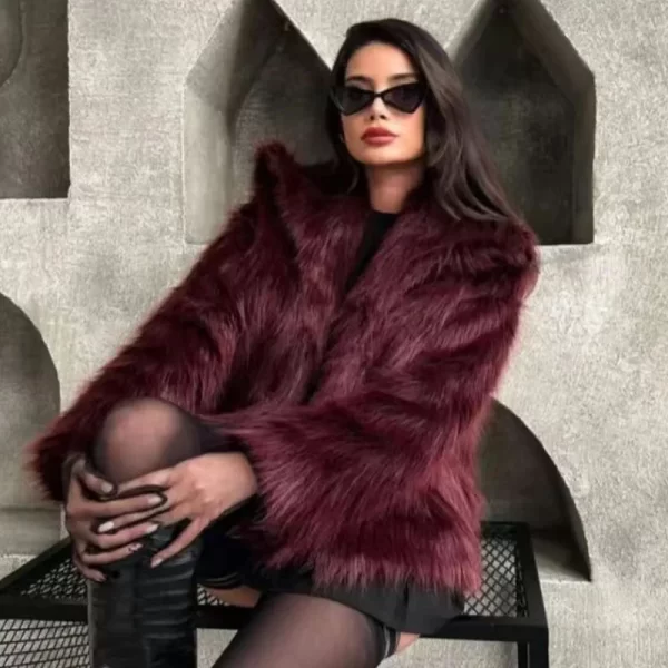 Burgundy Plush Fur Bomber Jacket for Women - Image 3