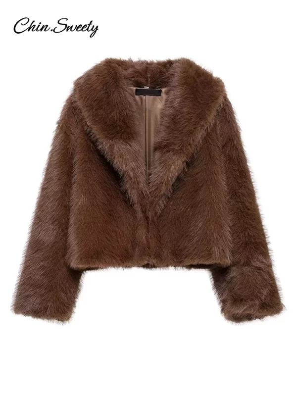 Fluffy Brown Faux Fur Short Coat for Women - Image 4