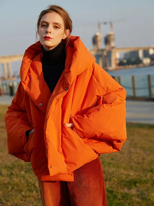 Oversized Hooded Down Jacket for Women - Fluffy Orange Red Parka - Image 2