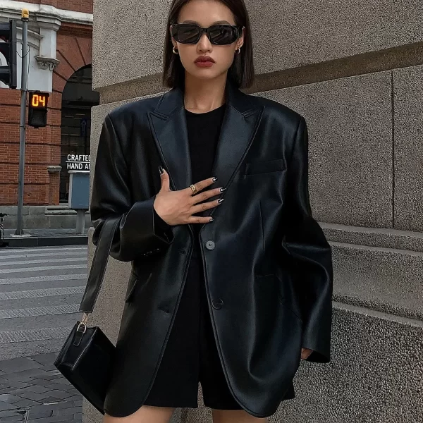 Chic Black PU Leather Oversized Suit Jacket for Women - Image 2