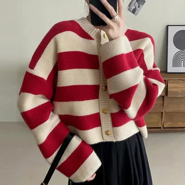 Korean Style Striped Knitted Cardigan for Women - Button Up Loose Fit Sweater