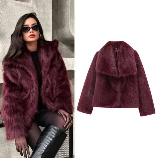 Burgundy Plush Fur Bomber Jacket for Women