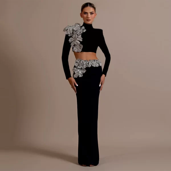 Elegant Women's Two-Piece Diamond Decor Set - Long Sleeve Top and Floor-Length Skirt