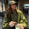 Chic Green Leather Sleeve Crop Jacket for Women - Image 2