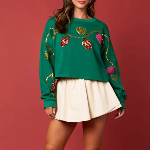 Festive Women’s Cropped Christmas Sweatshirt with Sequin Lights - Image 5