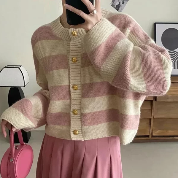 Korean Style Striped Knitted Cardigan for Women - Button Up Loose Fit Sweater - Image 5