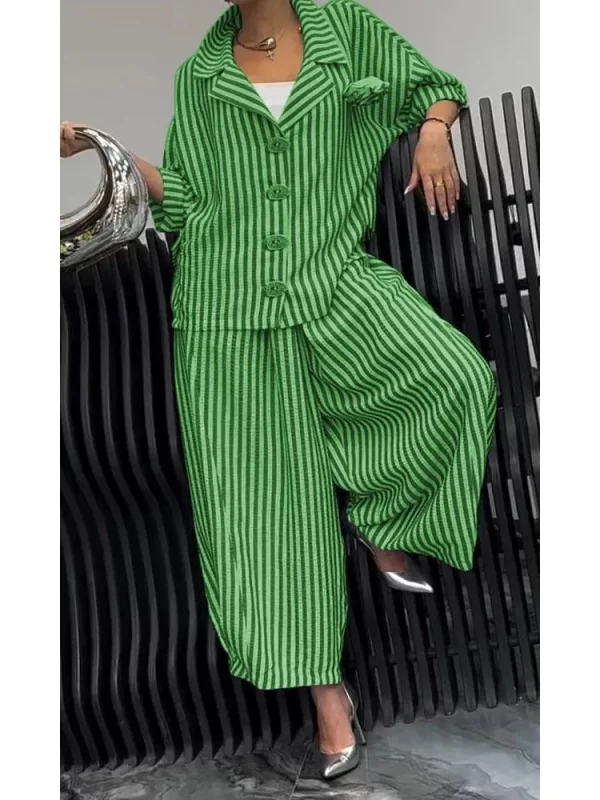 Women's Striped Wide Leg Pants Set - Casual Spring/Autumn Outfit