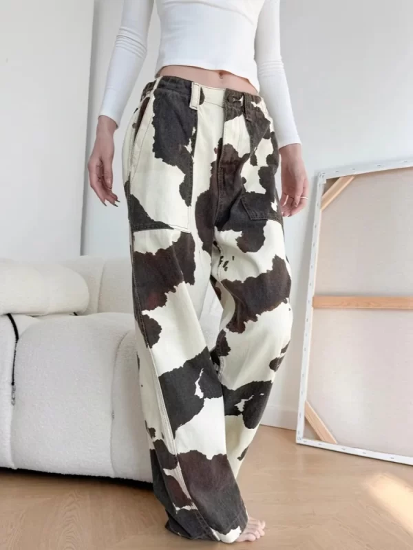 Trendy Cow Print Baggy Jeans for Women - Casual Wide Leg Cotton Pants