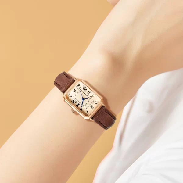 Fashionable Retro Square Dial Quartz Wristwatch with Leather Strap for Women - Image 2