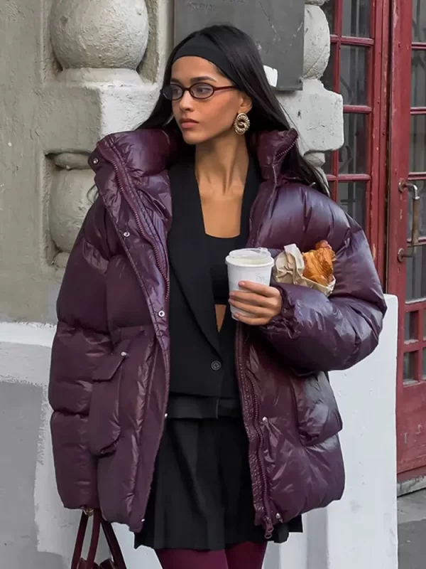 Chic Burgundy Red Women’s Drawstring Down Jacket with Pockets - Image 3