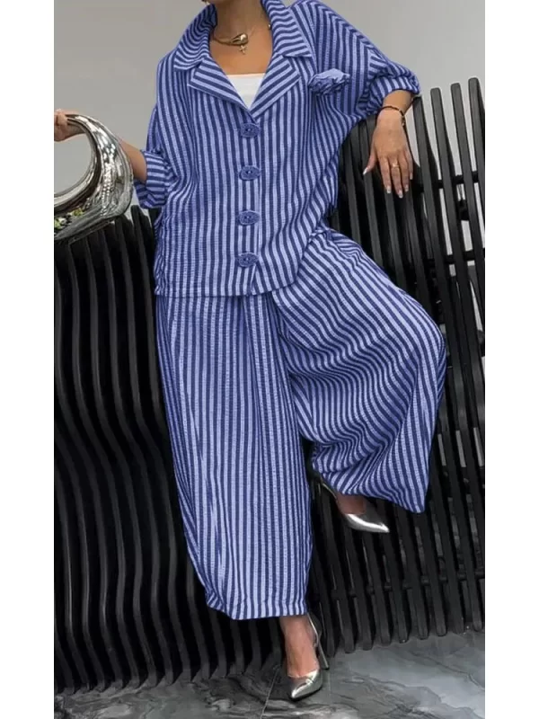 Women's Striped Wide Leg Pants Set - Casual Spring/Autumn Outfit - Image 5