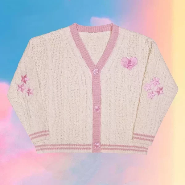 Vintage Star Embroidered Knit Cardigan in Soft Pink