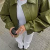 Chic Green Leather Sleeve Crop Jacket for Women - Image 4