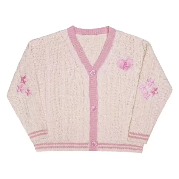 Vintage Star Embroidered Knit Cardigan in Soft Pink - Image 5