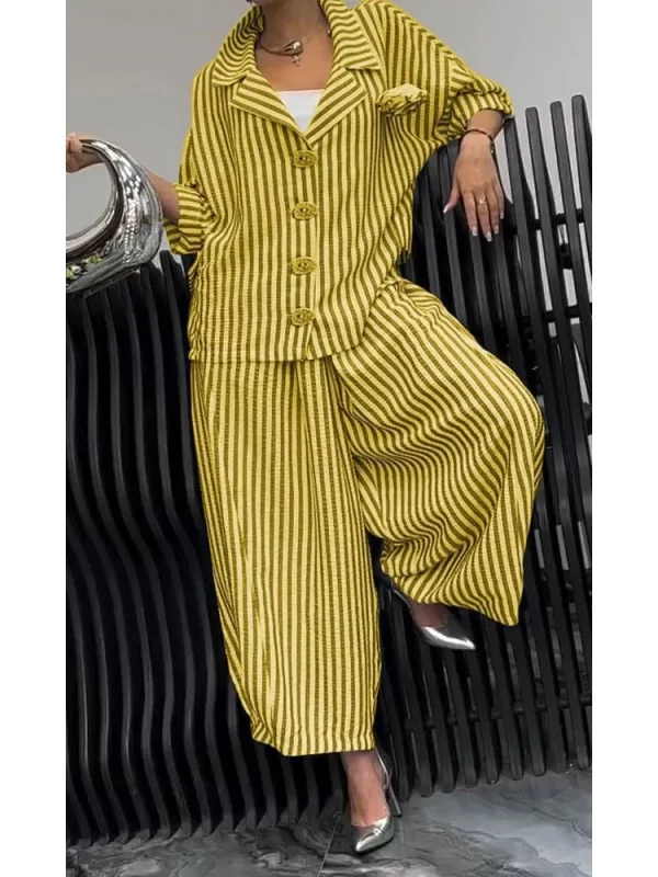 Women's Striped Wide Leg Pants Set - Casual Spring/Autumn Outfit - Image 2