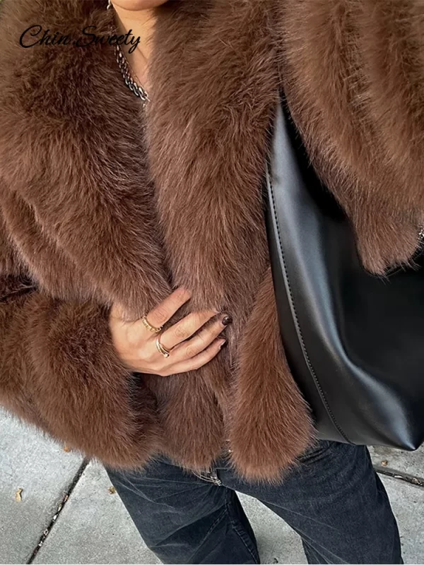 Fluffy Brown Faux Fur Short Coat for Women - Image 3