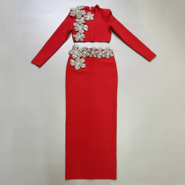 Elegant Women's Two-Piece Diamond Decor Set - Long Sleeve Top and Floor-Length Skirt - Image 7