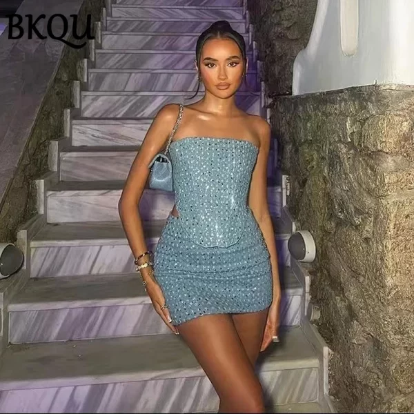 Women’s Sequined Strapless Denim Two-Piece Set - Party and Nightclub Outfit - Image 3