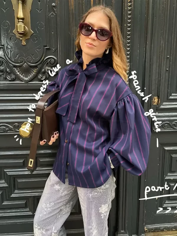 Chic Striped Full Sleeve Blouse with Ruffled Collar - Image 7