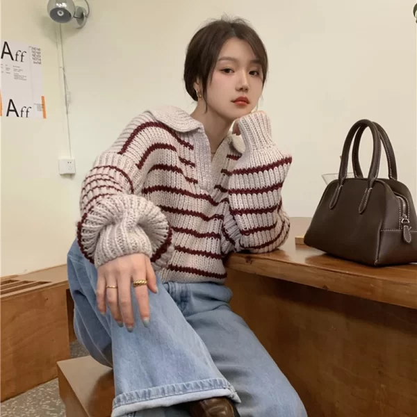 Vintage Striped Cropped Sweater for Women - Korean Preppy Knit Jumper - Image 7