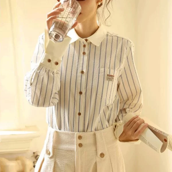 Women's Striped Polo-neck Blouse - Casual Long Sleeve Sweet Style