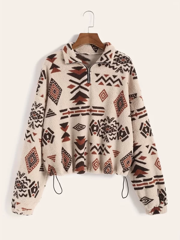 Ultra-Fine Geometric Patterned Fleece Pullover Sweater for Women