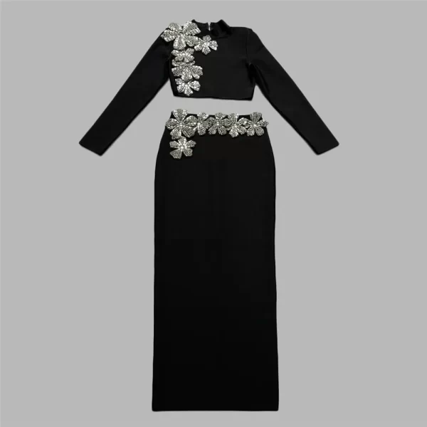 Elegant Women's Two-Piece Diamond Decor Set - Long Sleeve Top and Floor-Length Skirt - Image 2