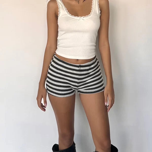 Y2K Aesthetic Crochet Knit Striped Mini Shorts for Women - Image 2