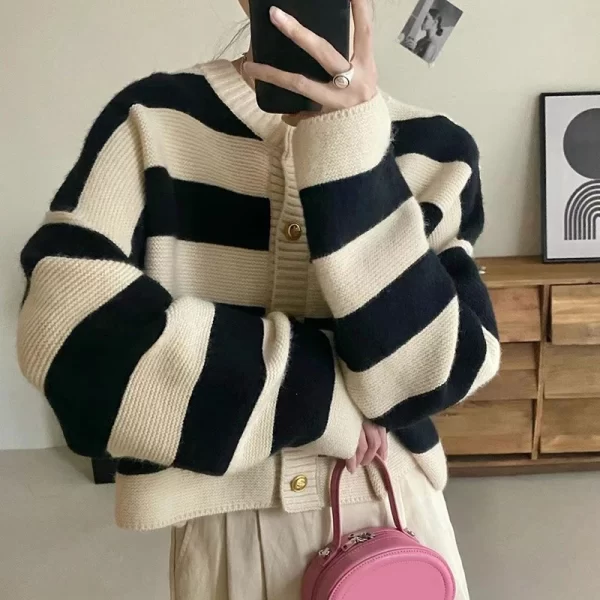 Korean Style Striped Knitted Cardigan for Women - Button Up Loose Fit Sweater - Image 4