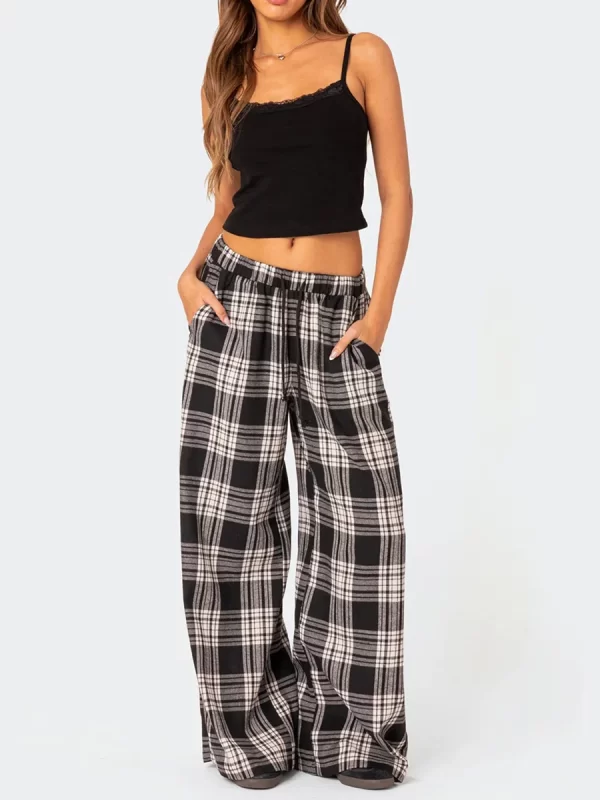 Casual Wide Leg Plaid Pajama Pants for Women - Image 5